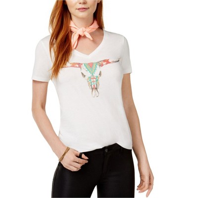 Carbon Copy Womens Embroidered Skull Graphic T-Shirt, White, Small