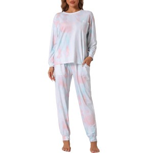 cheibear Women's Cotton Tie Dye Long Sleeve Round Neck Shirt with Drawstring Long Pants Pajama Set - 1 of 4