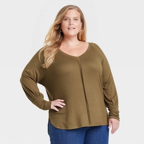  3X Womens Tops Plus Size Long Sleeve Casual Raglan Shirts  Green 24W