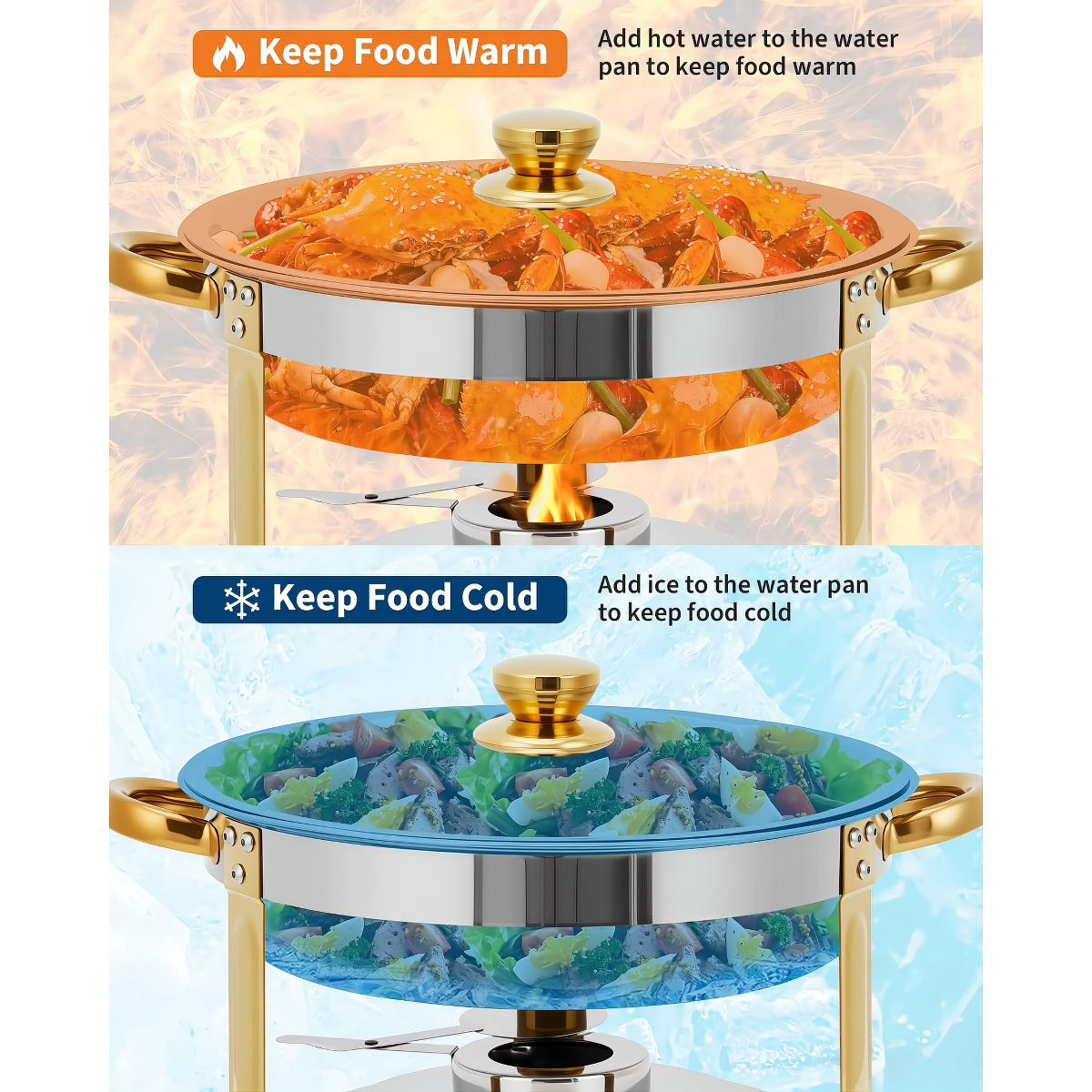 Garvee 2 Pack Round Chafing Dishes for Buffet, Stainless Steel Chafer Set, Clear Lid, Stand & Lid Hook, Half Gold Plated, Food Warmers for Catering - thumbnail 4