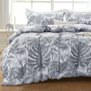 King Size Reversible Floral Duvet Cover Set, Set of 3 Botanical Microfiber Bedding with Zipper, 90x104 - 1 of 4