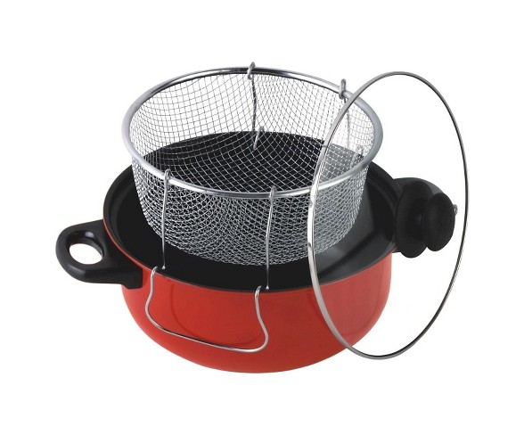 Gourmet Chef 6.5 Quart Non Stick Deep Fryer with Frying Basket and Glass Cover - Red
