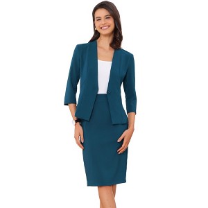 Allegra K Women's Office Work Collarless Blazer Pencil Skirt Business Suit Set 2 Pcs - 1 of 4
