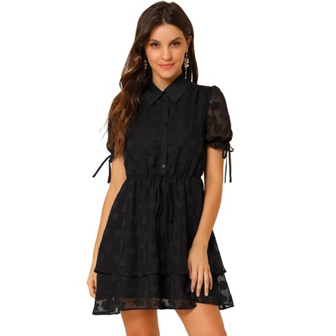 Allegra K Women's Crochet Floral Lace Dress 3/4 Sleeves Belted