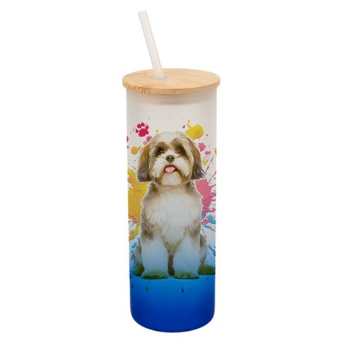 100 North 25 Ounce Frosted Glass Gradient Travel Tumbler With Straw & Wooden Lid, Shih Tzu Dog Paint Splatter Navy Blue - image 1 of 4