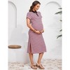 Maternity Collared V Neck Summer Dress Short Sleeve Striped Button Slit Bodycon Baby Shower Midi Dress Photoshoot - 4 of 4