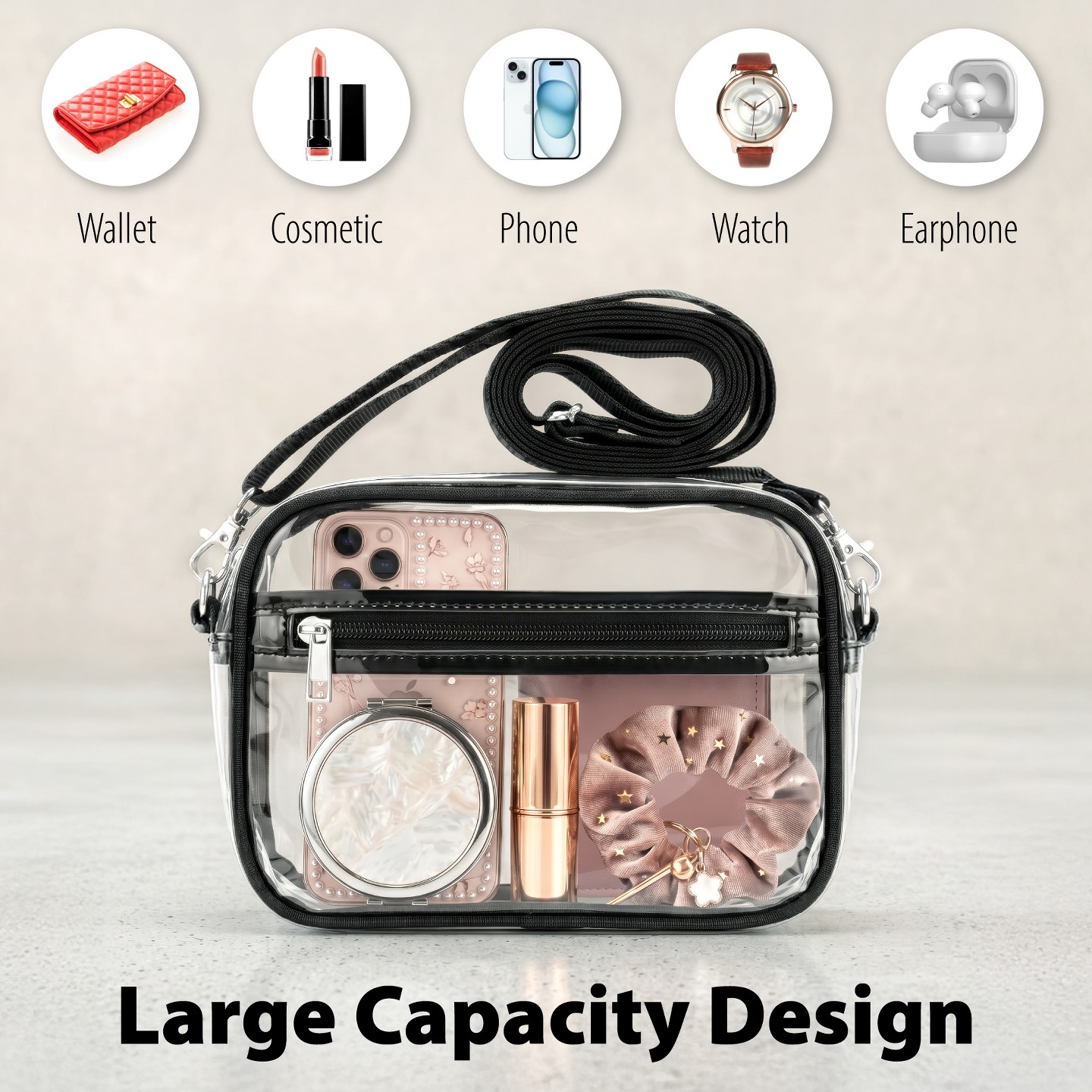 Сумка Garnen Clear Bag for Stadium Events, Clear Purse Crossbody, Clear Stadium Approved Bags See Through Bag With Zipper and Adjustable Strap — фото 2