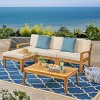 Outdoor Sectional Sofa Set, 3 Pcs Acacia Sofa Set for 3 People, Sectional Sofas with Acacia Table, Wood Frame and PE Cushions-Coolbibila - 2 of 4