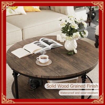 Garvee Living Room Round Coffee Table, Rustic Dining Table with Storage Shelf Wooden Round Coffee Table with Metal Legs Easy to Assemble