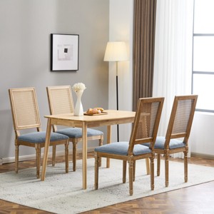 Set of 4 French Country Cane Back Dining Chairs with Upholstered Seat and Solid Wood Frame–Maison Boucle - 1 of 4