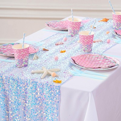 Wikineon Blue Table Runner Sequin 10FT Iridescent Table Runners 25X120 inch Under The Sea Decorations Mermaid Party Supplies for Wedding Birthday