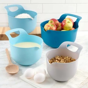 4 Piece Nesting Plastic Mixing Bowl Set with Pour Spouts and Handles, Blue - 1 of 4