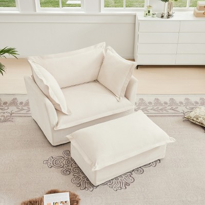 SKRAN 49" Arm Chair with Ottoman,Comfy Chenille Fabric Couch Chair with 2 Large Soft Pillows,Upholstered Sofa Chair for Living Room Bedroom,Cream