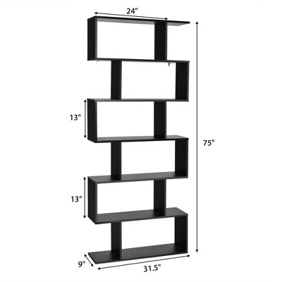 Black Tall S-Shaped Wooden 6-Tier Bookshelf