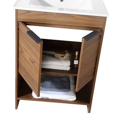 24" Walnut and White Vitreous China Single Bathroom Vanity