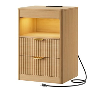 WOWLIVE 2PCS Fluted Nightstand with Charging Station and LED, Wood Farmhouse Bedside End Table with 2 Drawer & Open Shelf for Bedroom - 1 of 1
