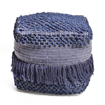 Madrid Boho Handcrafted Fabric Cube Pouf Navy Blue - Christopher Knight Home: Cotton Upholstered, No Assembly Required