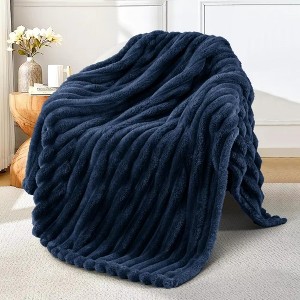 Attop  Navy Blue Striped Jacquard Fleece Throw Blanket - Breathable Lightweight All-Season Blanket - 1 of 4