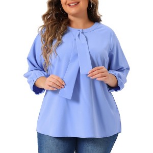 Agnes Orinda Women's Plus Size Chiffon Tie Round Neck  3/4 Sleeve Elegant Work Blouses - 1 of 4