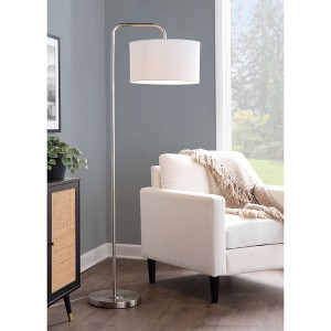 LumiSource Puck 63" Contemporary Metal Floor Lamp in Brushed Nickel with White Linen Shade from Grandview Gallery: UL Listed, Arc Design - 1 of 4
