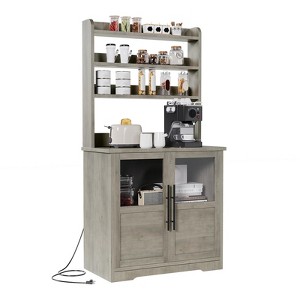 Farmhouse Bakers Rack with Charging Station & Glass Door Cabinet, Rustic Wood Coffee Hutch, Microwave Stand with 3 Open Shelves - 1 of 4