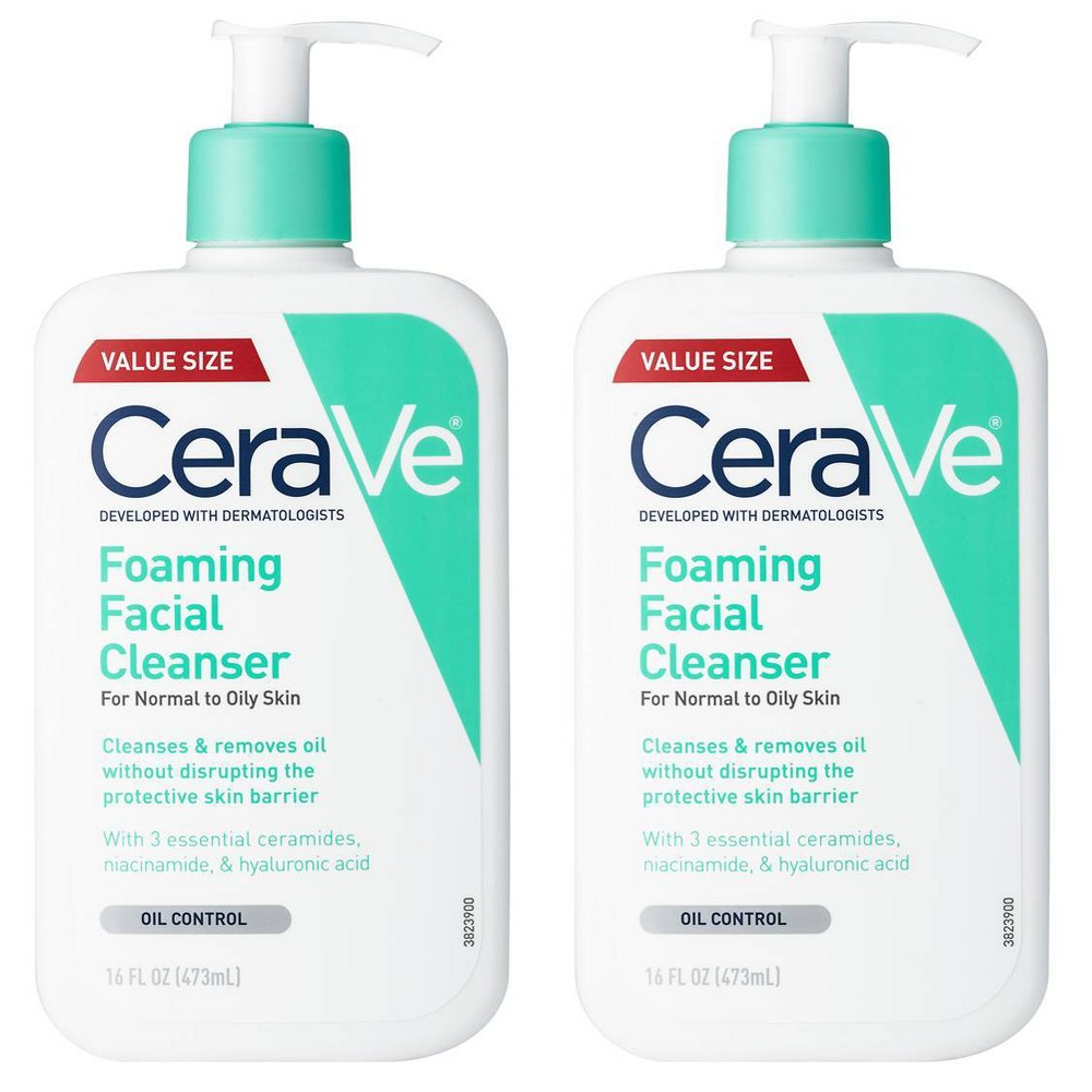 CeraVe 2 Pack/16 fl oz Each Foaming Face Wash with Hyaluronic Acid and Niacinamide for Oily Skin