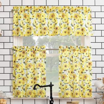 Sunflower Print Semi Sheer Rod Pocket Kitchen Curtain Valance and Tiers Set Yellow - No. 918