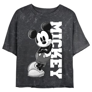 Juniors Womens Mickey & Friends Retro Leaning Mineral Wash Crop T-Shirt - 1 of 4