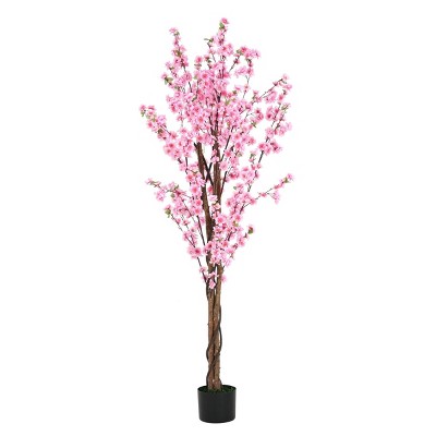 GlasFlength Artificial Plants Artificial Rubber Tree Artificial Peach Blossom Tree Faux Plants for Indoor Home Decor, Pink, 34"*34"*72"