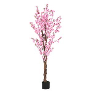 GlasFlength Artificial Plants Artificial Rubber Tree Artificial Peach Blossom Tree Faux Plants for Indoor Home Decor, Pink, 34"*34"*72" - 1 of 4