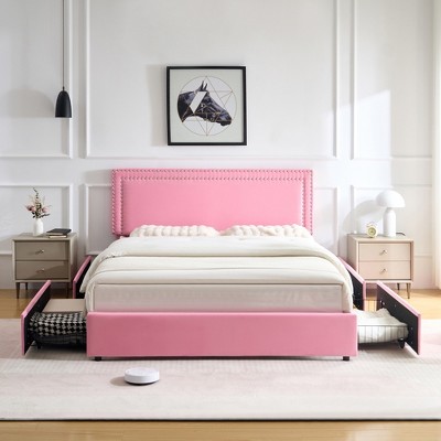 VECELO Upholstered Platform Bed Frame Platform with 4 Storage Drawers, Adjustable Velvet Rivets Headboard
