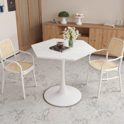 31.50inModern Hexagonal Coffee Table with White Printed Marble Top and Metal Base for Dining Room, Kitchen and Living Room