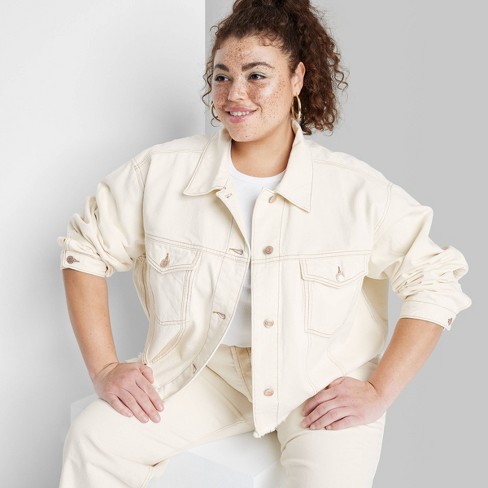 Women's Cropped Denim Trucker Jacket - Wild Fable™ Cream 3X