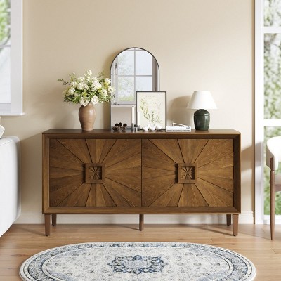 60" Rustic Wood TV Stand with Sunburst Doors, Farmhouse Credenza or Buffet Sideboard, Antique Storage Cabinet with Adjustable Shelves-Coolbibila