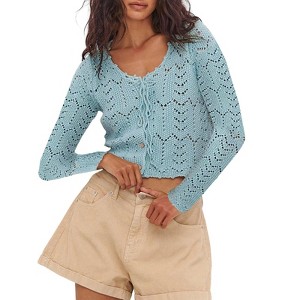 Clearlove Women Long Sleeve Crop Tops Solid Color Knitted Cardigan Tie Front Knitwear Summer Streetwear Clubwear - 1 of 3
