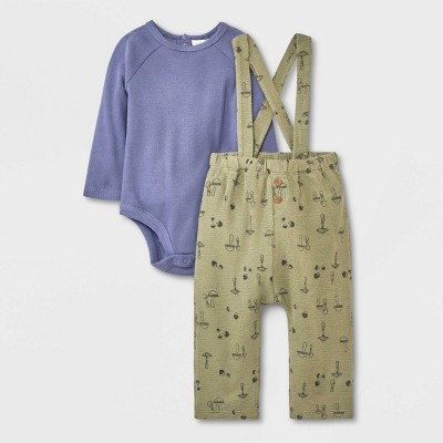 Image of Grayson Collective Baby Long Sleeve Ribbed Bodysuit & Bottom Set - Navy Blue/Olive Green 3-6M