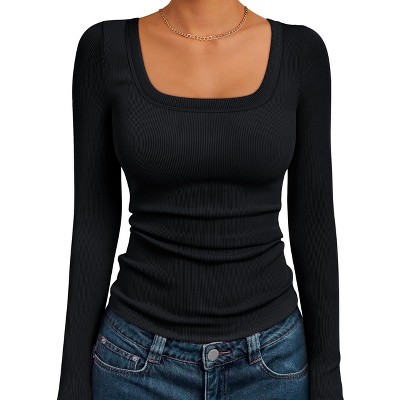 Womens Shirts Square Neck Long Sleeve Tops Ribbed Knit Basic Teen Girls Crop Top Fall Outfits Casual Clothes 2025
