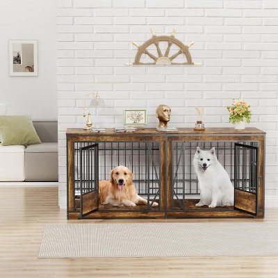 Boersma 86.2'' Dog Cage Furniture for 2 Dogs, Large Double Dog Crate Furniture with Adjustable Divider, Heavy Duty Wooden Dog Kennel Indoor