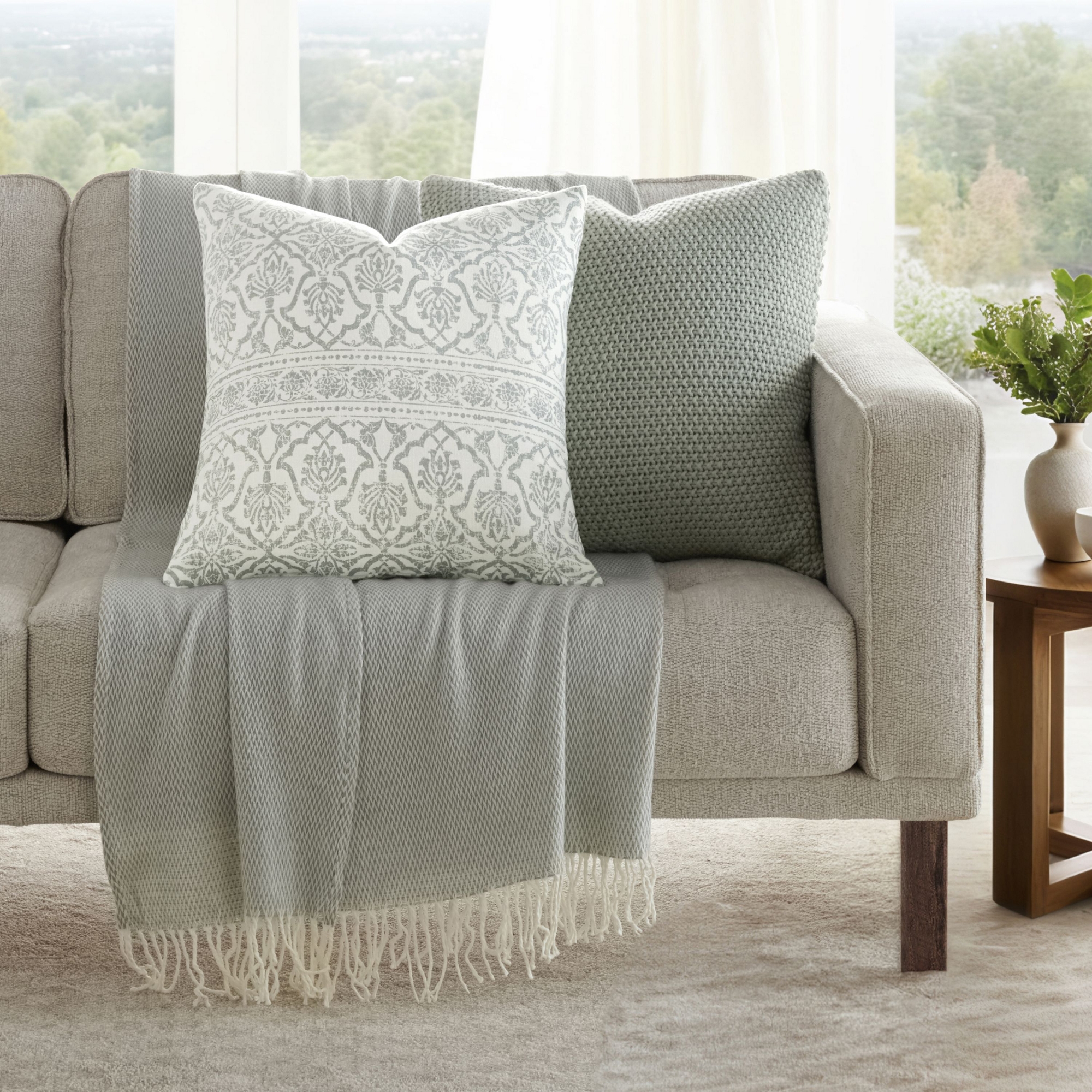 2-Pack Eucalyptus Throw Pillows Seed Stitch Knit with Cotton Patterns in Antique Floral - Becky Cameron, Eucalyptus, 20 x 20