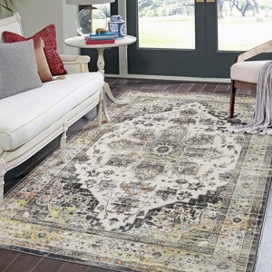 Living Room Rug, 2'x6' Washable Vintage Rug, Stain-Resistant with Non-Slip Backing, Soft and Ideal for Nursery or Apartment, Brown - 1 of 4