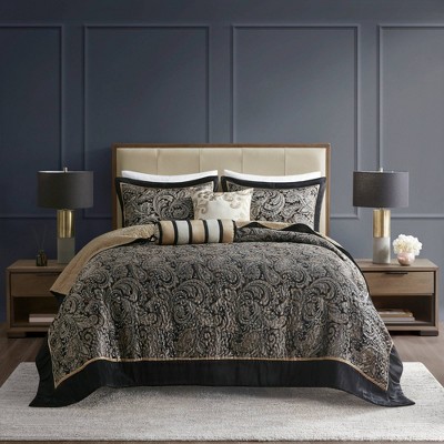 Aubrey Queen Black Cotton Reversible Jacquard Bedspread Set