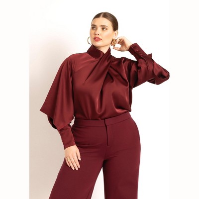 ELOQUII Draped Neck Satin Blouse