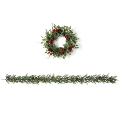 Sullivans Artificial Pine and Berry Wreath and Arborvitae Garland Set 24"H & 6'L Green