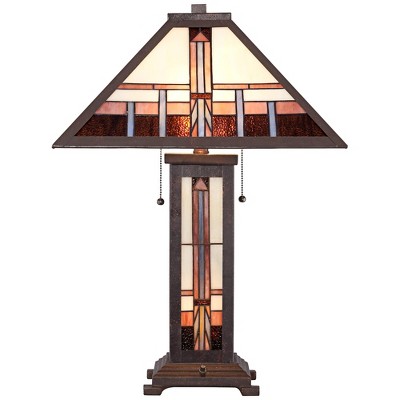 Mission Bronze 28" Table Lamp with Stained Glass Shade and Nightlight