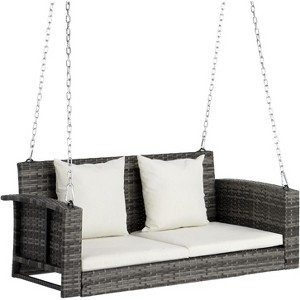 VINGLI Heavy Duty 800 LBS Wicker Hanging Porch Swing with Cushions & Chains, 4FT Outdoor Rattan Swing Bench for Garden, Yard, Lawn (Grey+White) - 1 of 4