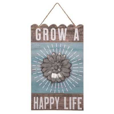 Transpac Wood 14 in. Multicolor Spring Happy Life Garden Sign