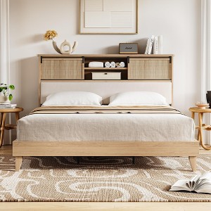Rattan Full Bed Frame with Sliding Door Shelf Headboard, Bohemian Rattan Bed Frame Full Size with Shelves - 1 of 4