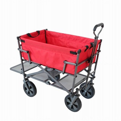 Mac Sports Double Decker Heavy Duty Steel Frame Collapsible Outdoor 150 Pound Capacity Yard Cart Utility Garden Wagon with Lower Storage Shelf, Red