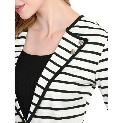 INSPIRE CHIC Women's Regular Fit Notched Lapel Button Decor Striped Blazer Medium Black White — фото 5