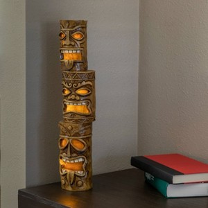 19" Triple Tiki Solar Concrete Garden Decor Brown - Alpine Corporation: LED Light-Up, Weatherproof - 1 of 4